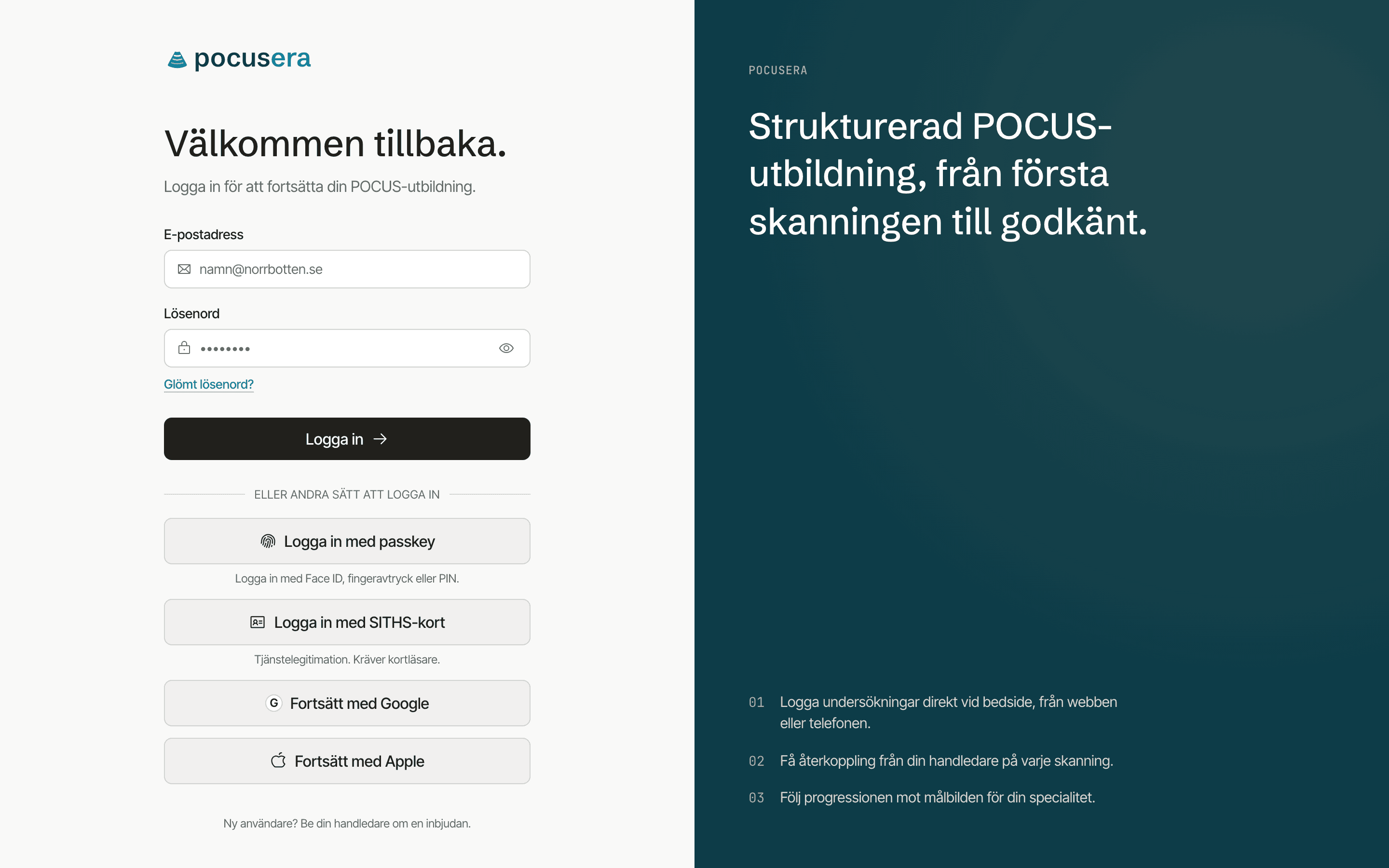 Inloggningssidan med fält för e-postadress och lösenord, knappen Logga in och under rubriken Eller andra sätt att logga in knapparna Logga in med passkey, Logga in med SITHS-kort, Fortsätt med Google och Fortsätt med Apple.
