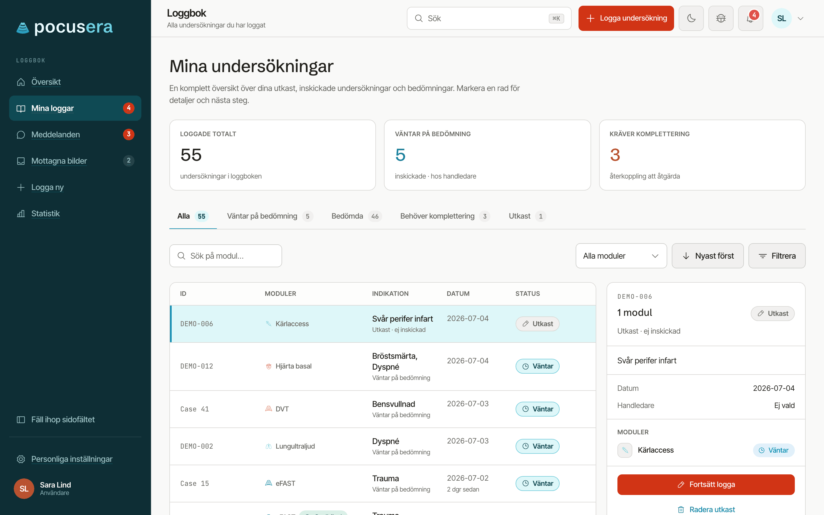 Loggbokslistan med statusflikar, ett sökfält, filtren Alla moduler, Nyast först och Filtrera, en statuskolumn per rad och en förhandsvisning av den markerade undersökningen.