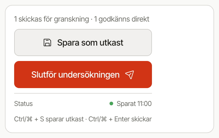 Inskickskortet med en sammanfattning av att en modul skickas för granskning och en godkänns direkt, knappen Spara som utkast, knappen Slutför undersökningen, en statusrad med tiden för senaste sparning och en rad med kortkommandon.