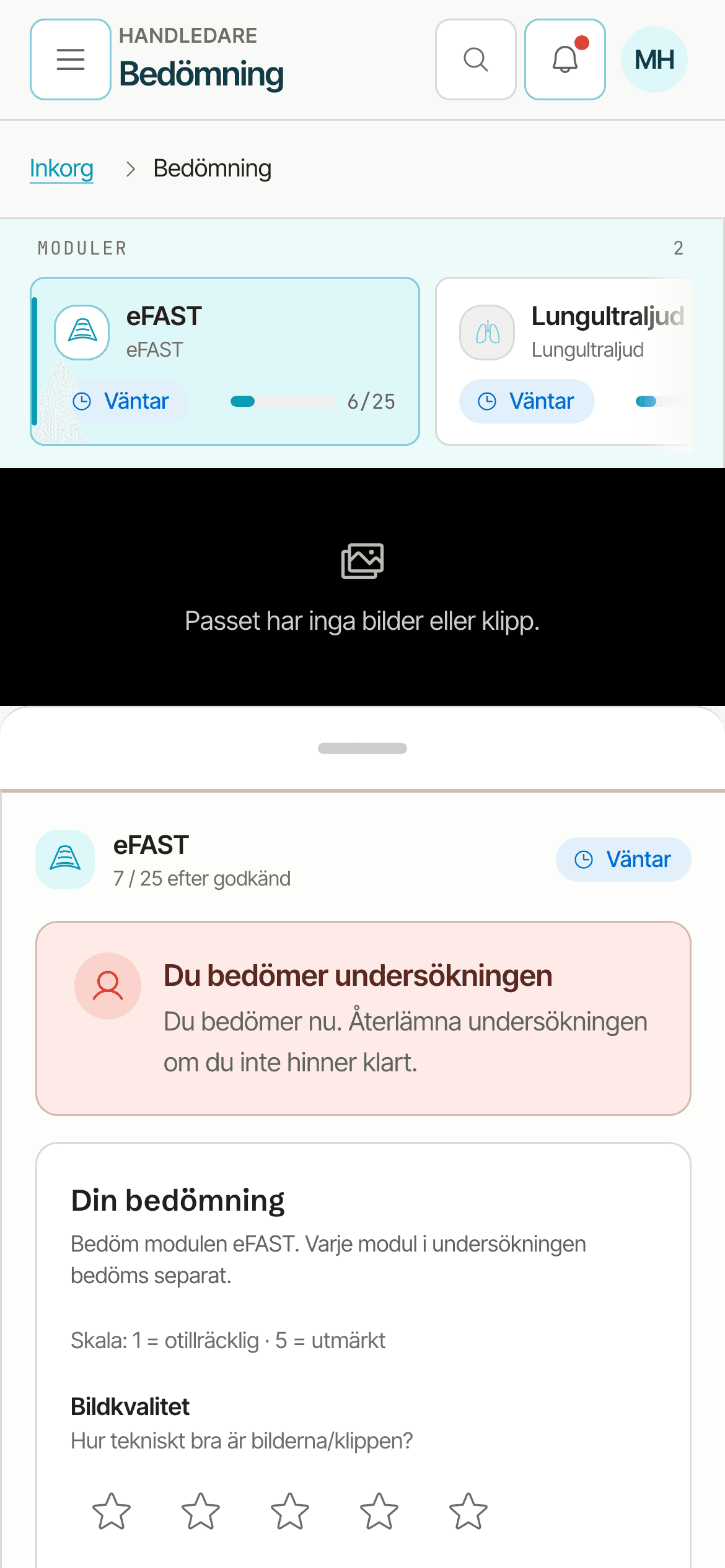 Bedömningsvyn i en mobil: länken Inkorg, raden Moduler med eFAST och Lungultraljud, bildytan och bedömningspanelen i halvläge med handtaget, bandet Du bedömer undersökningen och början av Din bedömning.