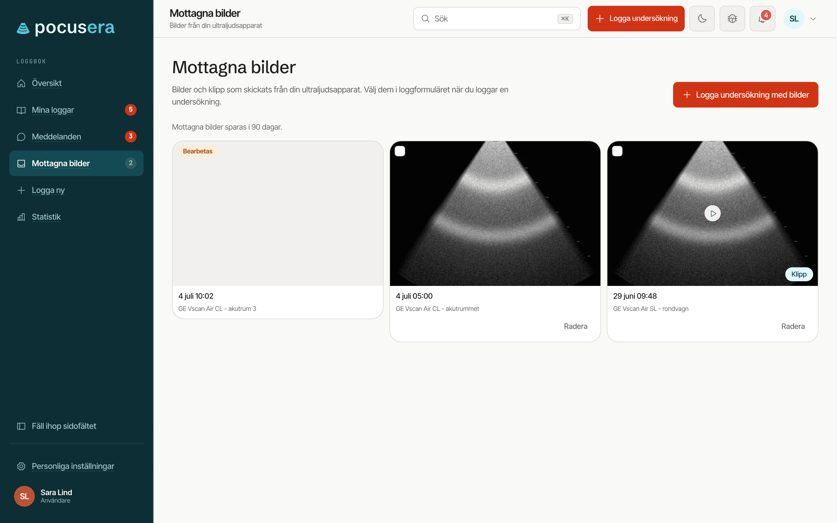 Inkorgen Mottagna bilder med kort för mottagna bilder och klipp, där ett kort bearbetas och övriga är klara, var och en med tidpunkt och apparatnamn.