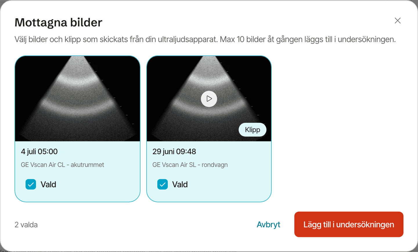 Bildväljaren Mottagna bilder med två kort där raden Vald är ikryssad, räknaren 2 valda och knapparna Avbryt och Lägg till i undersökningen.
