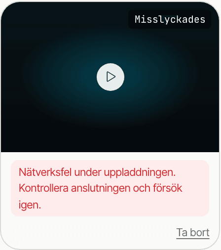 Ett filkort i ett utkast där filen visar statusen Misslyckades, en förklaring av felet och åtgärden Ta bort.