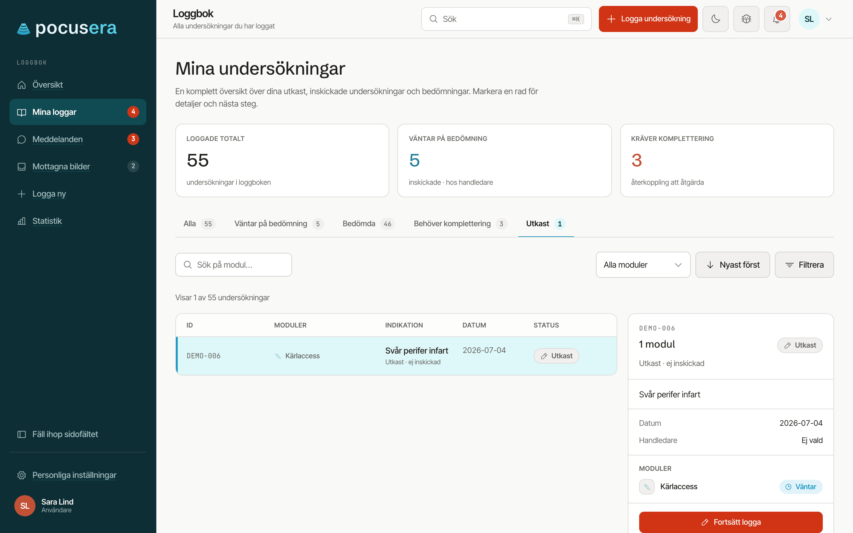 Loggboken med filtret Utkast aktivt, ett autosparat utkast i listan och knappen Fortsätt logga i detaljpanelen.