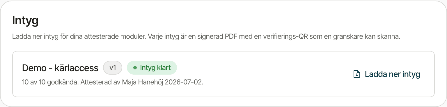 Kortet Intyg på kontofliken med modulen Demo kärlaccess version 1, märket Intyg klart, raden 10 av 10 godkända och attesterad av Maja Hanehöj och länken Ladda ner intyg.