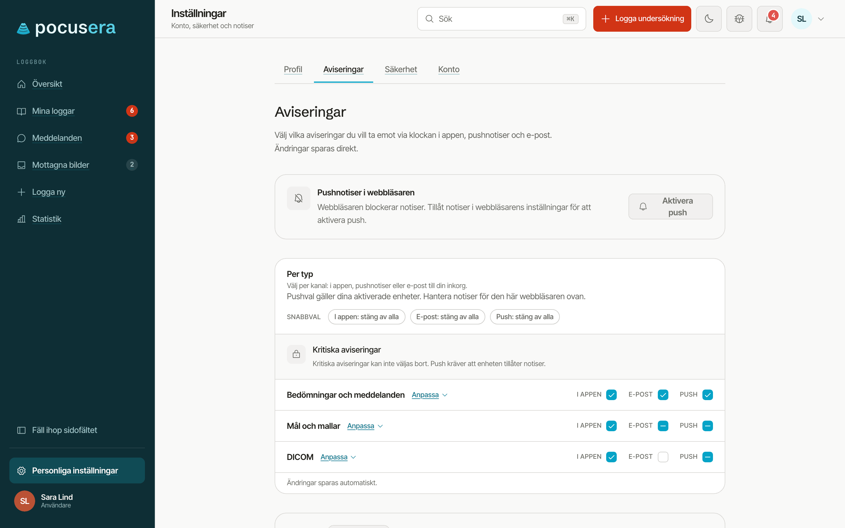 Fliken Aviseringar i Inställningar med kortet Pushnotiser i webbläsaren och knappen Aktivera push, snabbval per kanal, panelen Kritiska aviseringar och grupper med kanalerna I appen, E-post och Push.