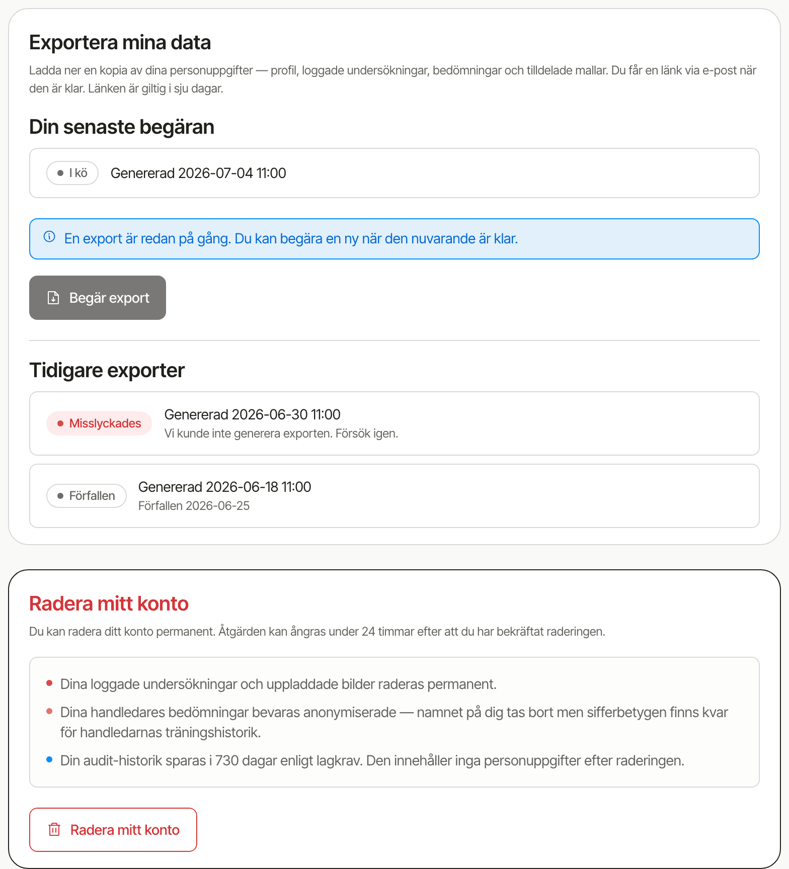 Avsnittet Exportera mina data med Din senaste begäran i kö, en informationsruta om att en export redan pågår, en inaktiv knapp Begär export och tidigare exporter som misslyckats och förfallit, och avsnittet Radera mitt konto med konsekvenserna.