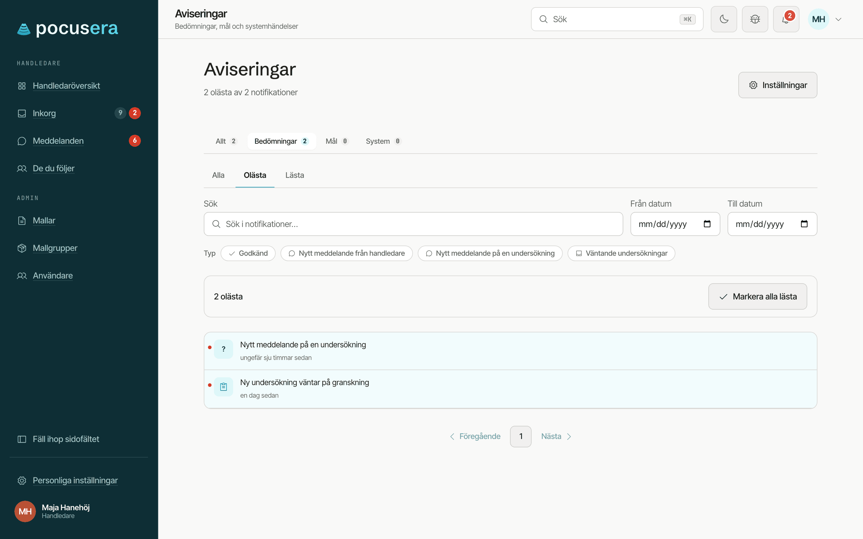 Sidan Aviseringar för en handledare med fliken Bedömningar och statusfliken Olästa valda, sökfält och datumfält, typval, raden 2 olästa med knappen Markera alla lästa och två olästa aviseringar.